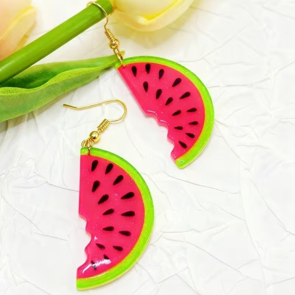 Pink Watermelon Slice Acrylic Drop Earrings Glitter Green Rind Summer Jewelry‎